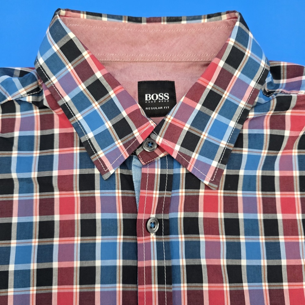 Hugo Boss Regular Fit Men Size M Plaid Flip Cuffs Long Sleeve Casual Shirt